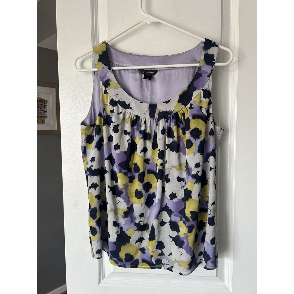 ST. JOHN  Silk Purple Floral Print Tank Top Size Medium Sleeveless Scoop Neck